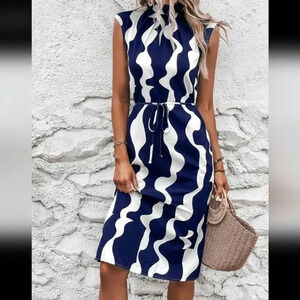 Allover Print Mock Neck Belted Dress